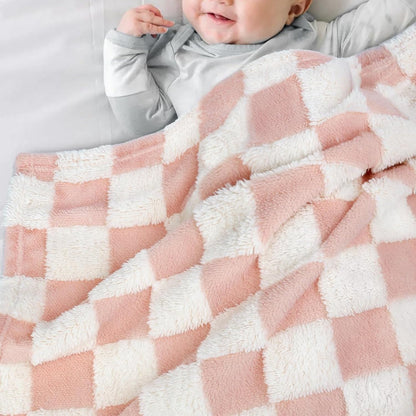 Pink Checkerboard Baby Blanket for Boys Girls Fluffy Fleece