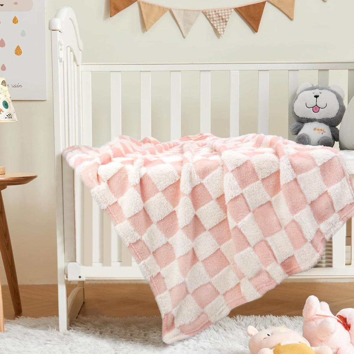 Pink Checkerboard Baby Blanket for Boys Girls Fluffy Fleece