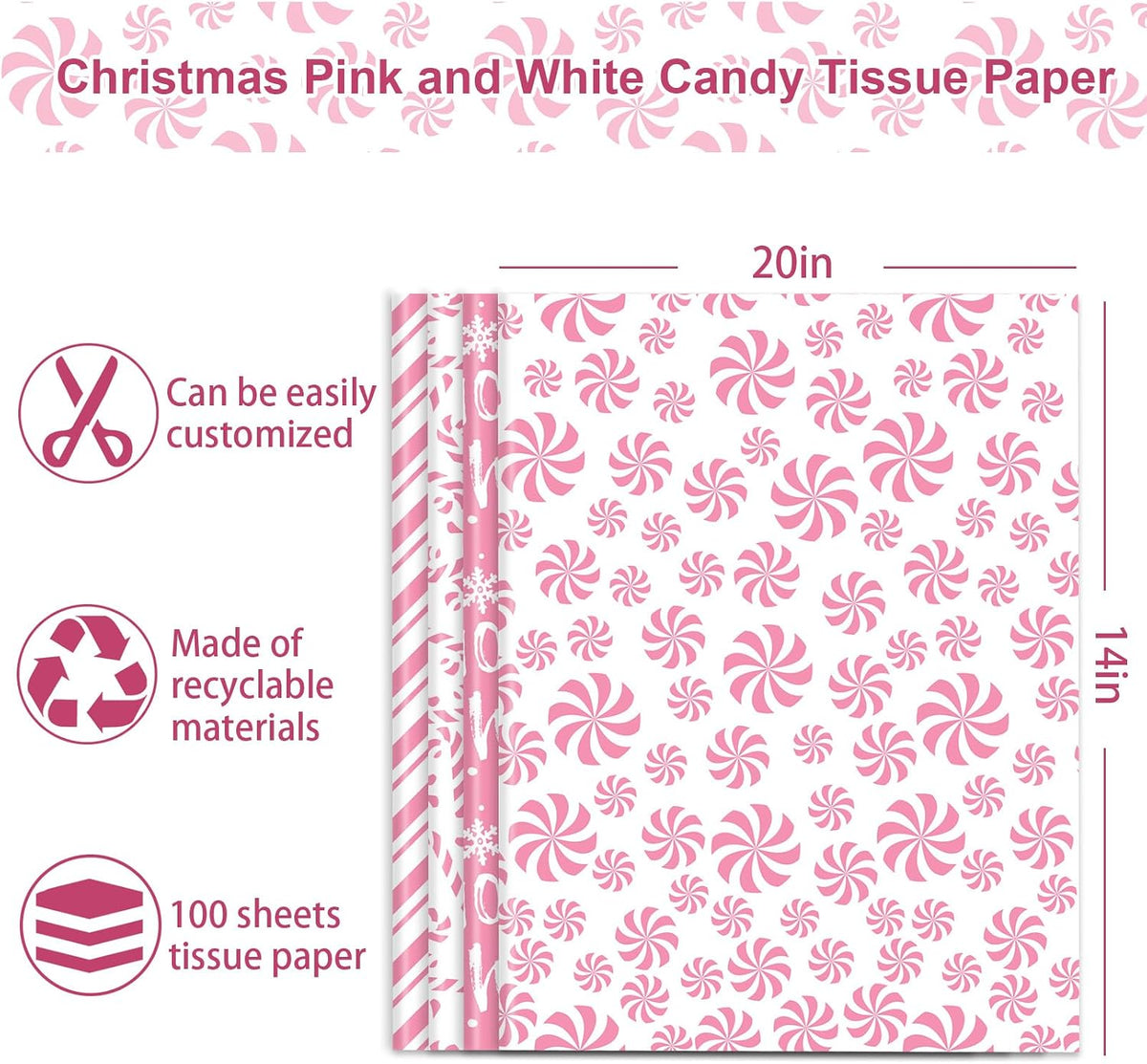 100 Sheets Christmas Tissue Paper Pink White Art Tissue Candy Cane Stripe Wrapping Paper for Xmas Winter DIY Crafts Gift Packing, 14 x 20 Inch
