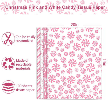 100 Sheets Christmas Tissue Paper Pink White Art Tissue Candy Cane Stripe Wrapping Paper for Xmas Winter DIY Crafts Gift Packing, 14 x 20 Inch