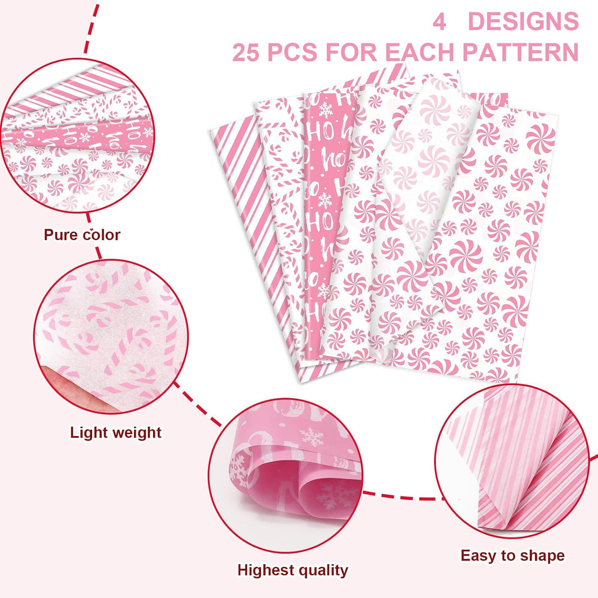 100 Sheets Christmas Tissue Paper Pink White Art Tissue Candy Cane Stripe Wrapping Paper for Xmas Winter DIY Crafts Gift Packing, 14 x 20 Inch