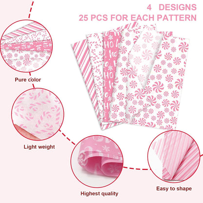 100 Sheets Christmas Tissue Paper Pink White Art Tissue Candy Cane Stripe Wrapping Paper for Xmas Winter DIY Crafts Gift Packing, 14 x 20 Inch