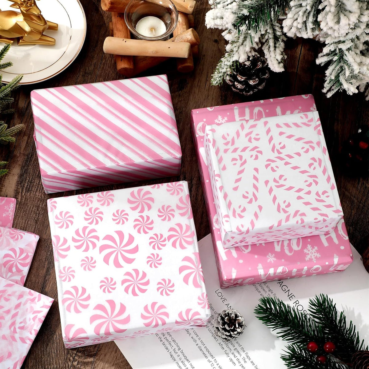 100 Sheets Christmas Tissue Paper Pink White Art Tissue Candy Cane Stripe Wrapping Paper for Xmas Winter DIY Crafts Gift Packing, 14 x 20 Inch