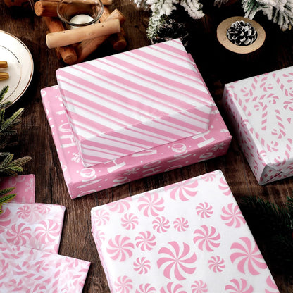 100 Sheets Christmas Tissue Paper Pink White Art Tissue Candy Cane Stripe Wrapping Paper for Xmas Winter DIY Crafts Gift Packing, 14 x 20 Inch