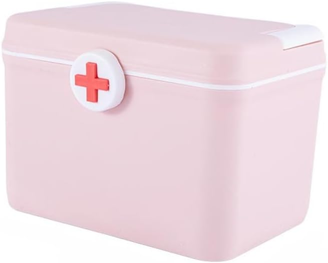 Medical Storage Box First Aid Kit Box,Multifunctional Double Layer Medicine Cabinet with Safety Buckle,Portable Pharmacy Chest Container for Home Office Car School (Light Pink)