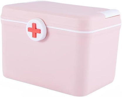 Medical Storage Box First Aid Kit Box,Multifunctional Double Layer Medicine Cabinet with Safety Buckle,Portable Pharmacy Chest Container for Home Office Car School (Light Pink)