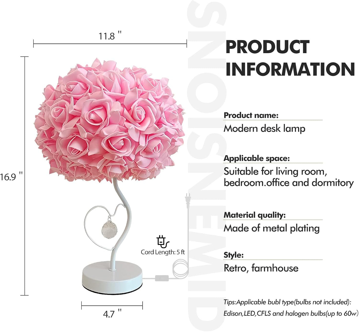 Pink Rose Flower Lamp Romantic Bedside lamp Princess Table Flower Lamp for Nightstand Desk Light for Bedroom Women Girl Dating Christmas Gift Party Wedding Decor Living Room Office