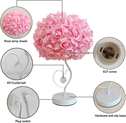 Pink Rose Flower Lamp Romantic Bedside lamp Princess Table Flower Lamp for Nightstand Desk Light for Bedroom Women Girl Dating Christmas Gift Party Wedding Decor Living Room Office