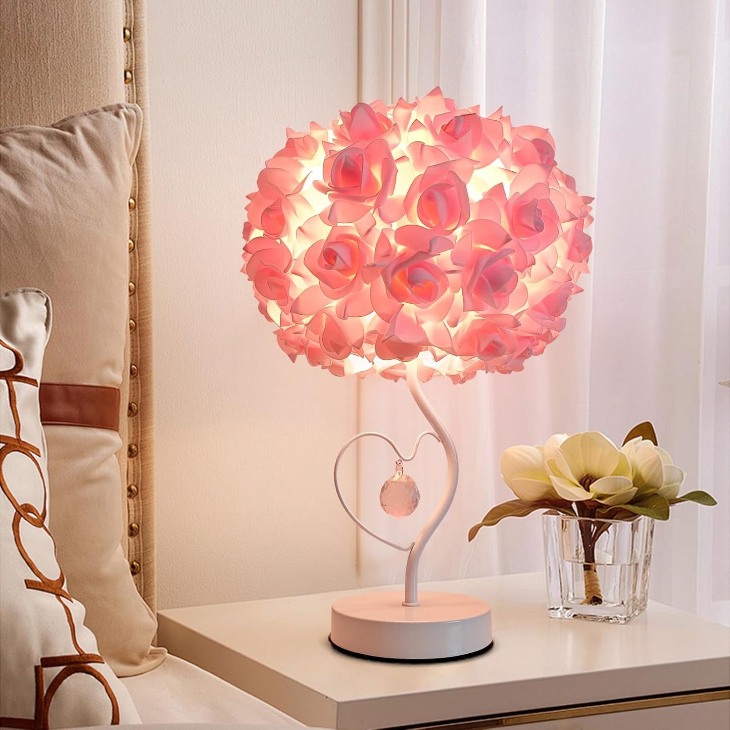 Pink Rose Flower Lamp Romantic Bedside lamp Princess Table Flower Lamp for Nightstand Desk Light for Bedroom Women Girl Dating Christmas Gift Party Wedding Decor Living Room Office