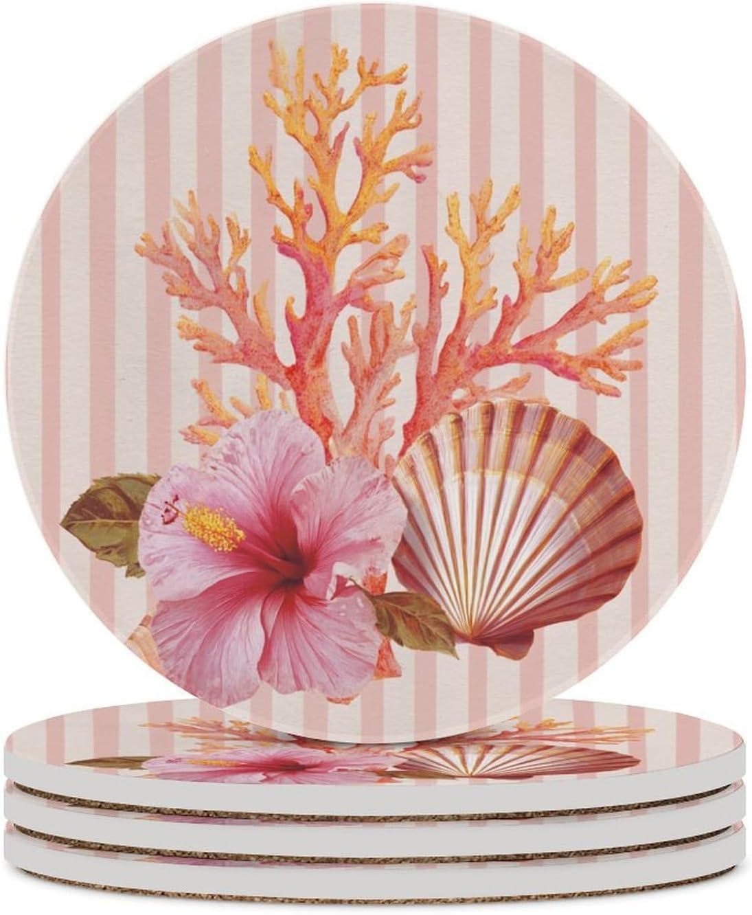 Light Pink Scallop Shell Hibiscus Flower Coasters Set of 4 Absorbent Coasters