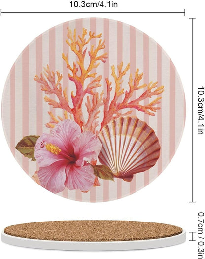 Light Pink Scallop Shell Hibiscus Flower Coasters Set of 4 Absorbent Coasters