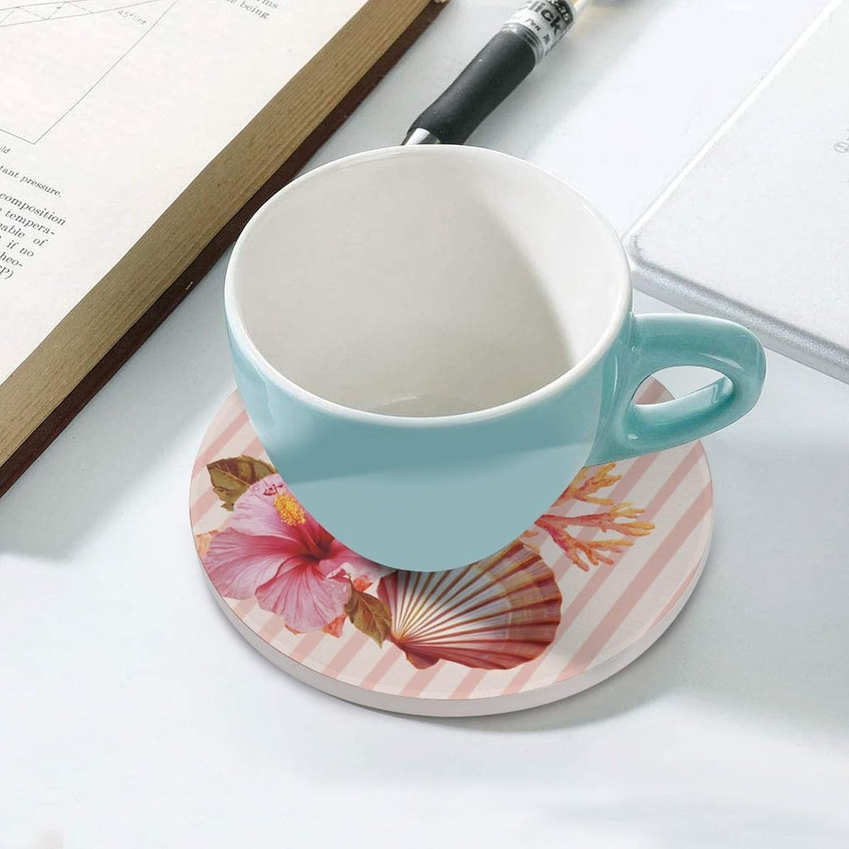 Light Pink Scallop Shell Hibiscus Flower Coasters Set of 4 Absorbent Coasters