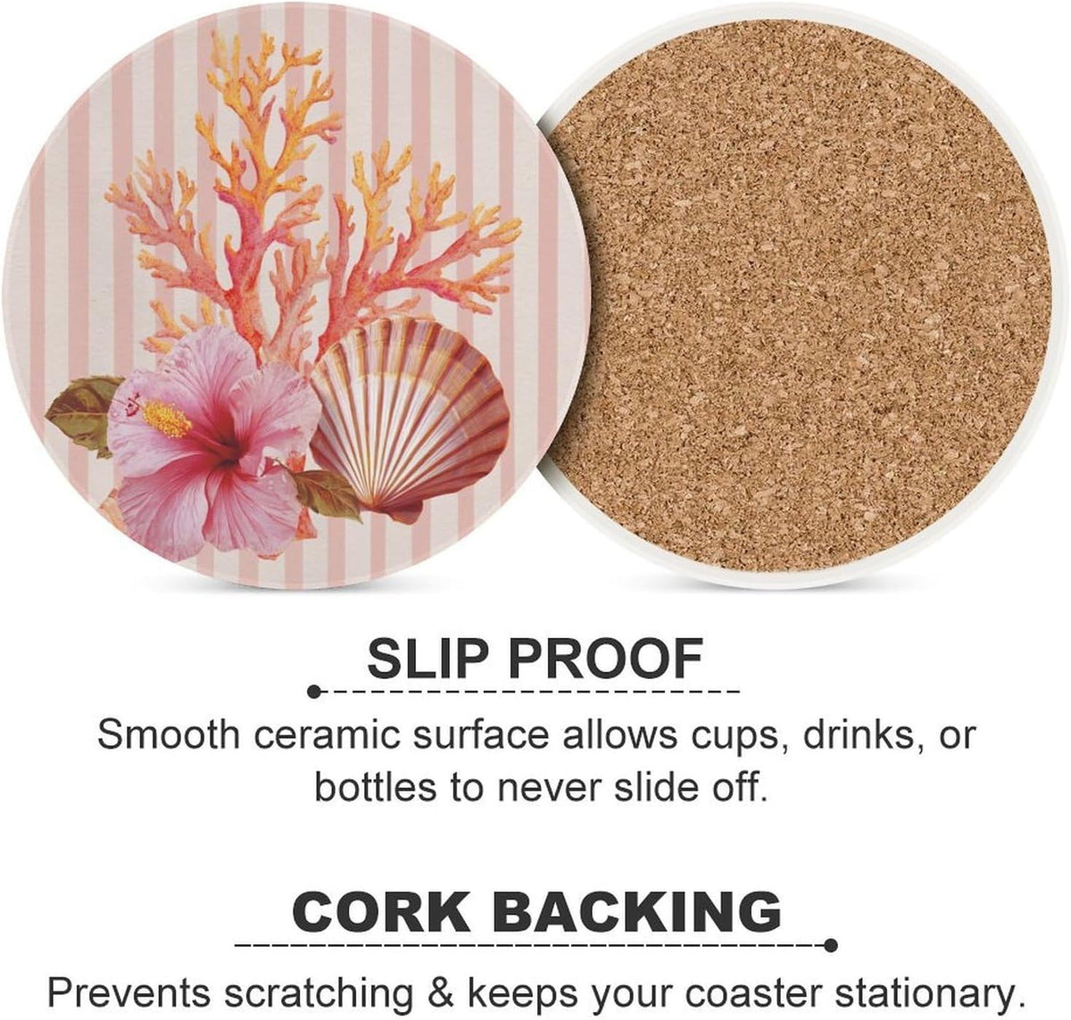 Light Pink Scallop Shell Hibiscus Flower Coasters Set of 4 Absorbent Coasters