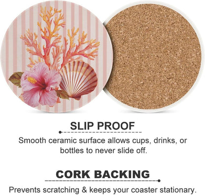 Light Pink Scallop Shell Hibiscus Flower Coasters Set of 4 Absorbent Coasters