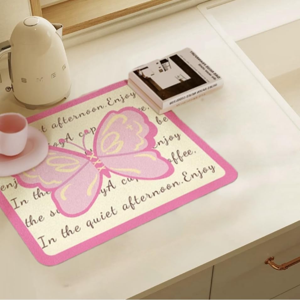 Dish Drying Mat for Kitchen Counter, Butterfly Pink Heat Resistant Home Coffee Pad Fit Under Sink,Bar,Table,Kitchen Accessories (PINK,11.8"x15.7")