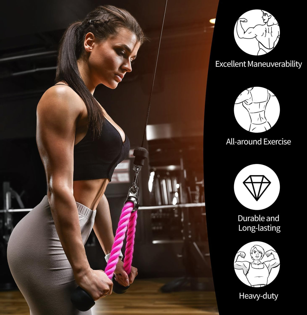 Pink Tricep Rope, 27 & 36 Inch Rope Length, Cable Machine Attachment