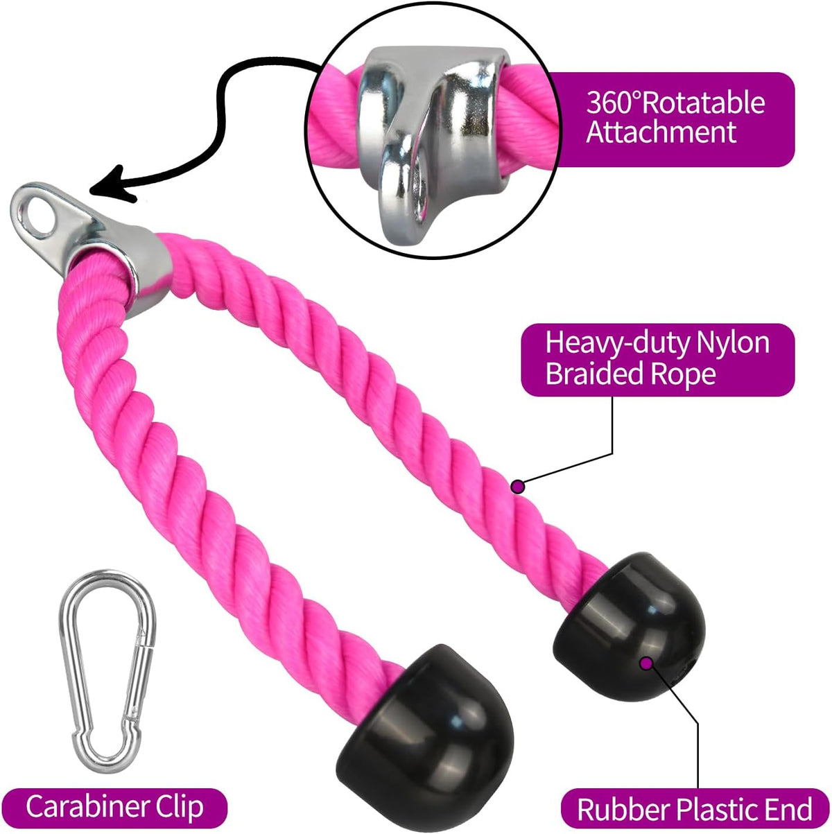 Pink Tricep Rope, 27 & 36 Inch Rope Length, Cable Machine Attachment