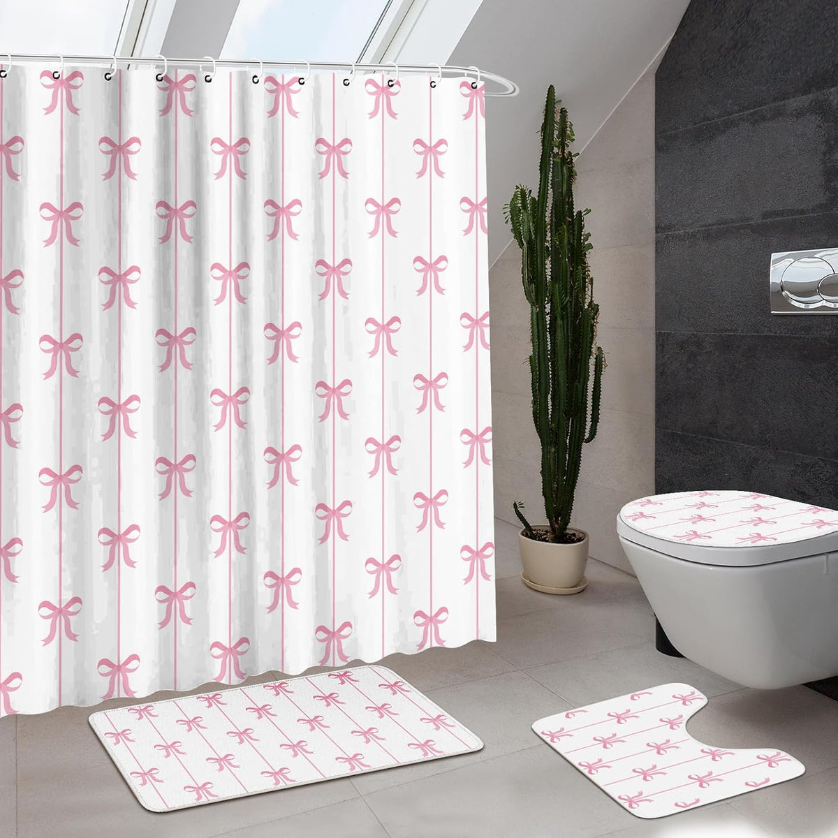 4 Pcs Bow Shower Curtain Set with 12 Hooks,White Background,Pink