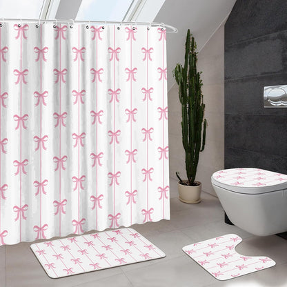 4 Pcs Bow Shower Curtain Set with 12 Hooks,White Background,Pink