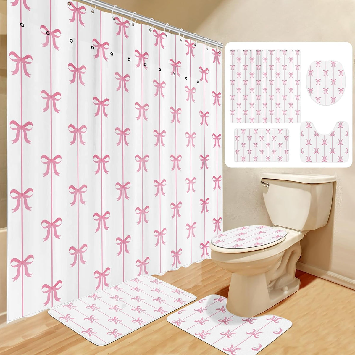 4 Pcs Bow Shower Curtain Set with 12 Hooks,White Background,Pink