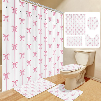 4 Pcs Bow Shower Curtain Set with 12 Hooks,White Background,Pink