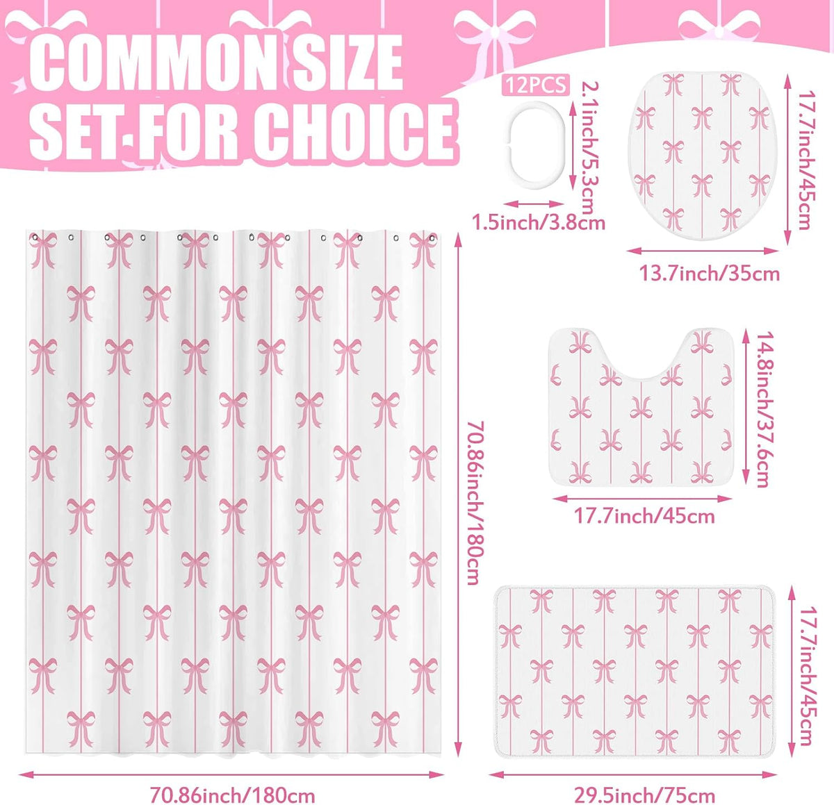 4 Pcs Bow Shower Curtain Set with 12 Hooks,White Background,Pink