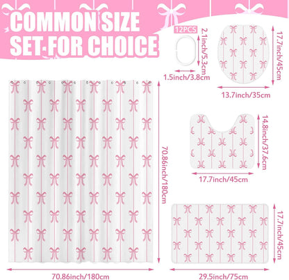 4 Pcs Bow Shower Curtain Set with 12 Hooks,White Background,Pink