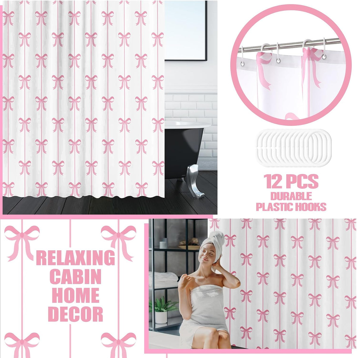 4 Pcs Bow Shower Curtain Set with 12 Hooks,White Background,Pink