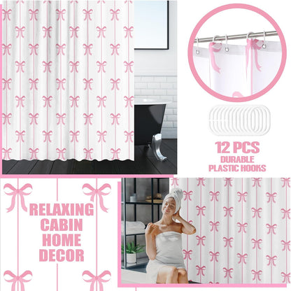 4 Pcs Bow Shower Curtain Set with 12 Hooks,White Background,Pink