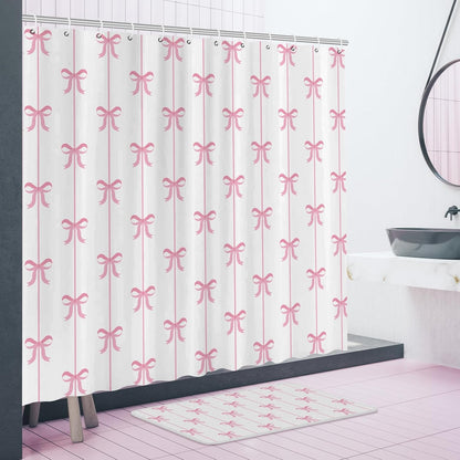 4 Pcs Bow Shower Curtain Set with 12 Hooks,White Background,Pink