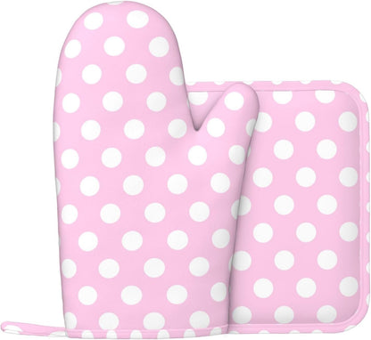 Light Pink Polka Dot Print B Oven Mitts and Pot Holders Sets - Heat Resistant Silicone Oven Mitts Pot Holders for Kitchen Cooking Baking, Non-Slip Ovens Gloves Hot Pads Potholders