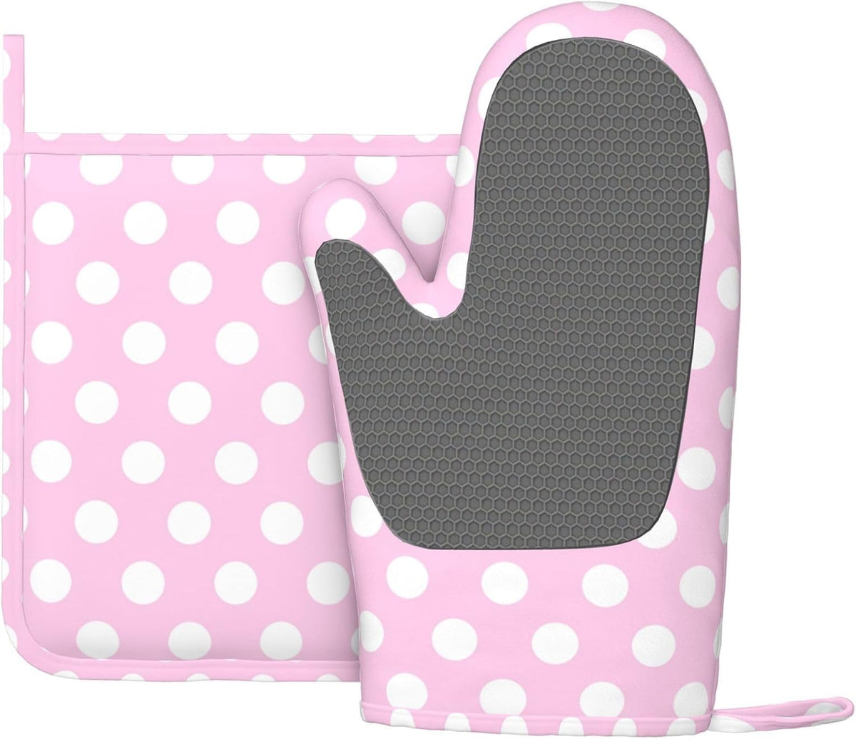 Light Pink Polka Dot Print B Oven Mitts and Pot Holders Sets - Heat Resistant Silicone Oven Mitts Pot Holders for Kitchen Cooking Baking, Non-Slip Ovens Gloves Hot Pads Potholders