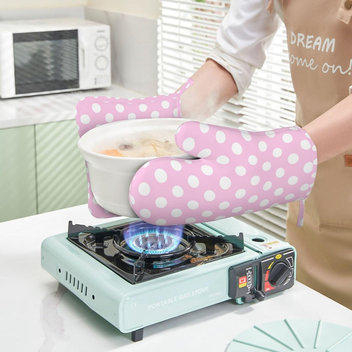 Light Pink Polka Dot Print B Oven Mitts and Pot Holders Sets - Heat Resistant Silicone Oven Mitts Pot Holders for Kitchen Cooking Baking, Non-Slip Ovens Gloves Hot Pads Potholders