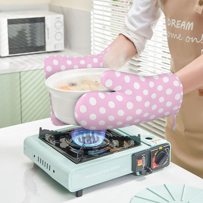 Light Pink Polka Dot Print B Oven Mitts and Pot Holders Sets - Heat Resistant Silicone Oven Mitts Pot Holders for Kitchen Cooking Baking, Non-Slip Ovens Gloves Hot Pads Potholders