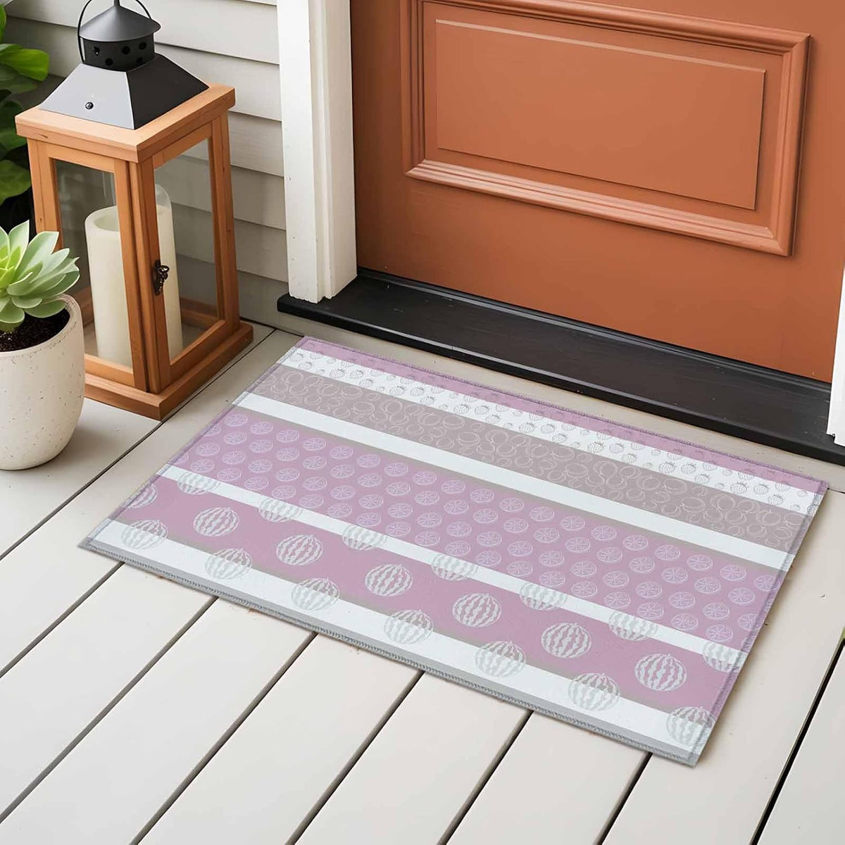 Farm Fruits 2' x 3' Area Rugs for Entryway, Washable Bathroom Mat Rugs with Rug Tape, Watermelon Lemons Peach Pink Grey Striped Accent Indoor Outdoor Doormat for Front Door Kithcen Dorm