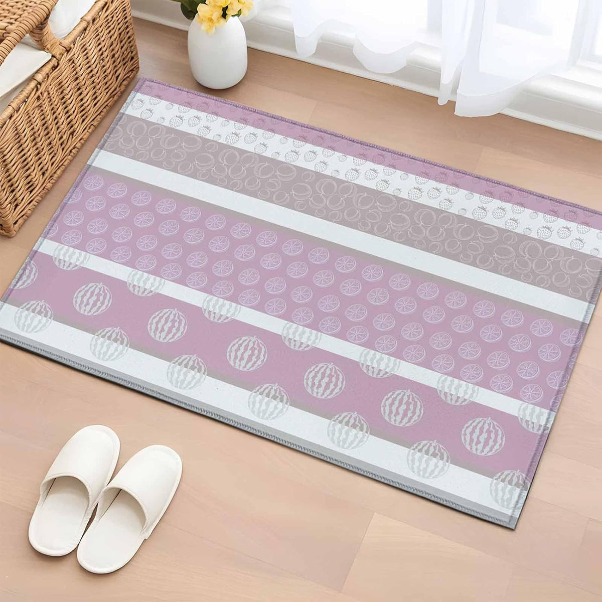 Farm Fruits 2' x 3' Area Rugs for Entryway, Washable Bathroom Mat Rugs with Rug Tape, Watermelon Lemons Peach Pink Grey Striped Accent Indoor Outdoor Doormat for Front Door Kithcen Dorm