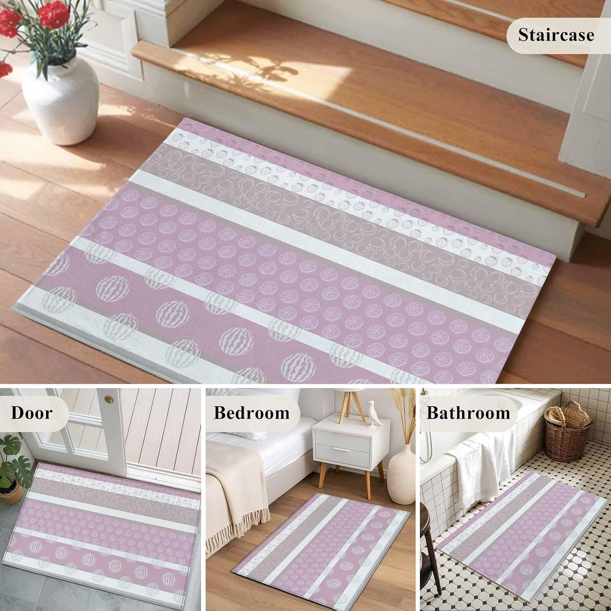 Farm Fruits 2' x 3' Area Rugs for Entryway, Washable Bathroom Mat Rugs with Rug Tape, Watermelon Lemons Peach Pink Grey Striped Accent Indoor Outdoor Doormat for Front Door Kithcen Dorm