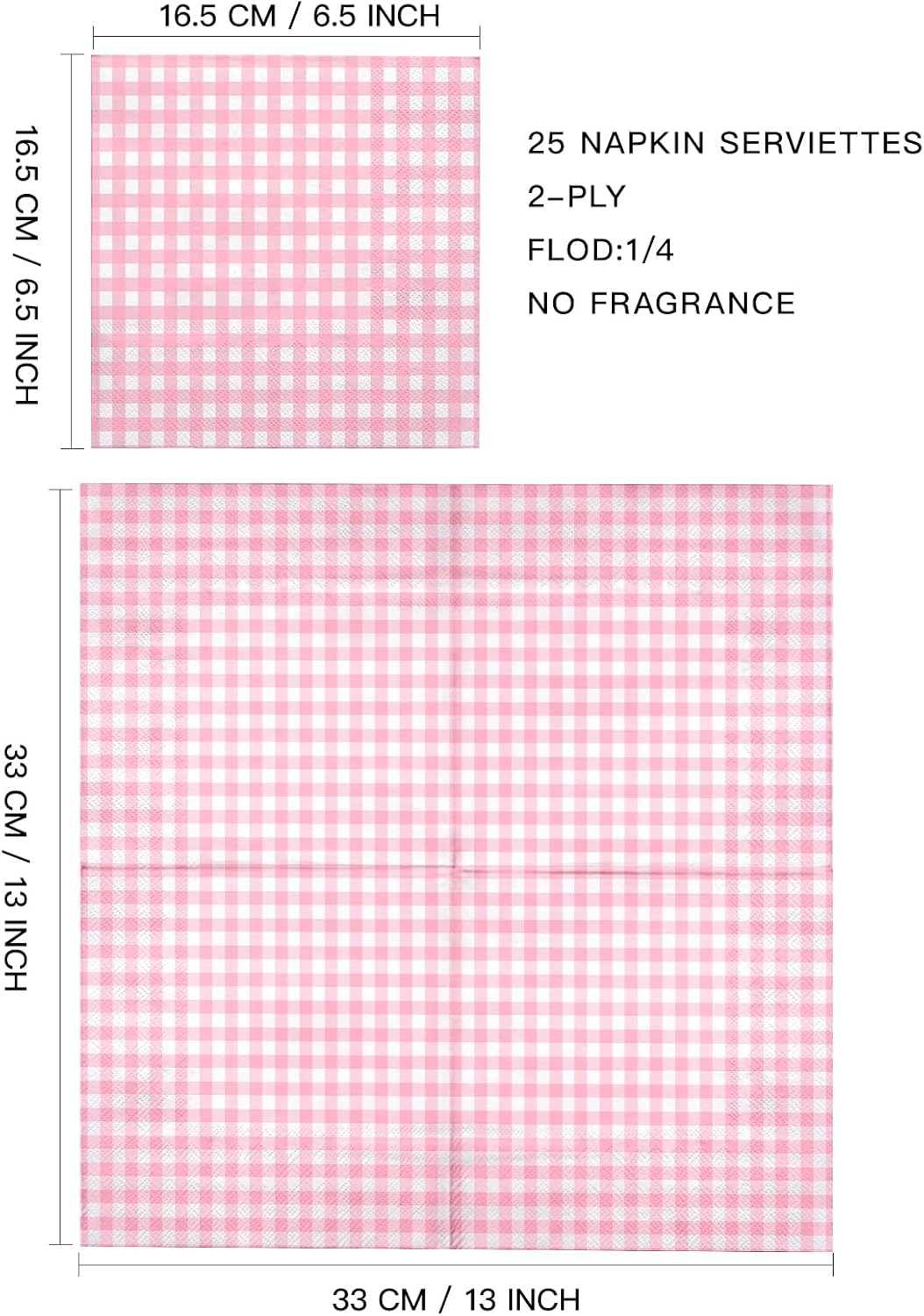 25Pcs Pink Plaid Paper Napkins - 2-Ply Pink and White Gingham Disposable Luncheon Napkins for Easter, Birthday, Baby Girl Shower and Daily Use - 6.5 x 6.5 In