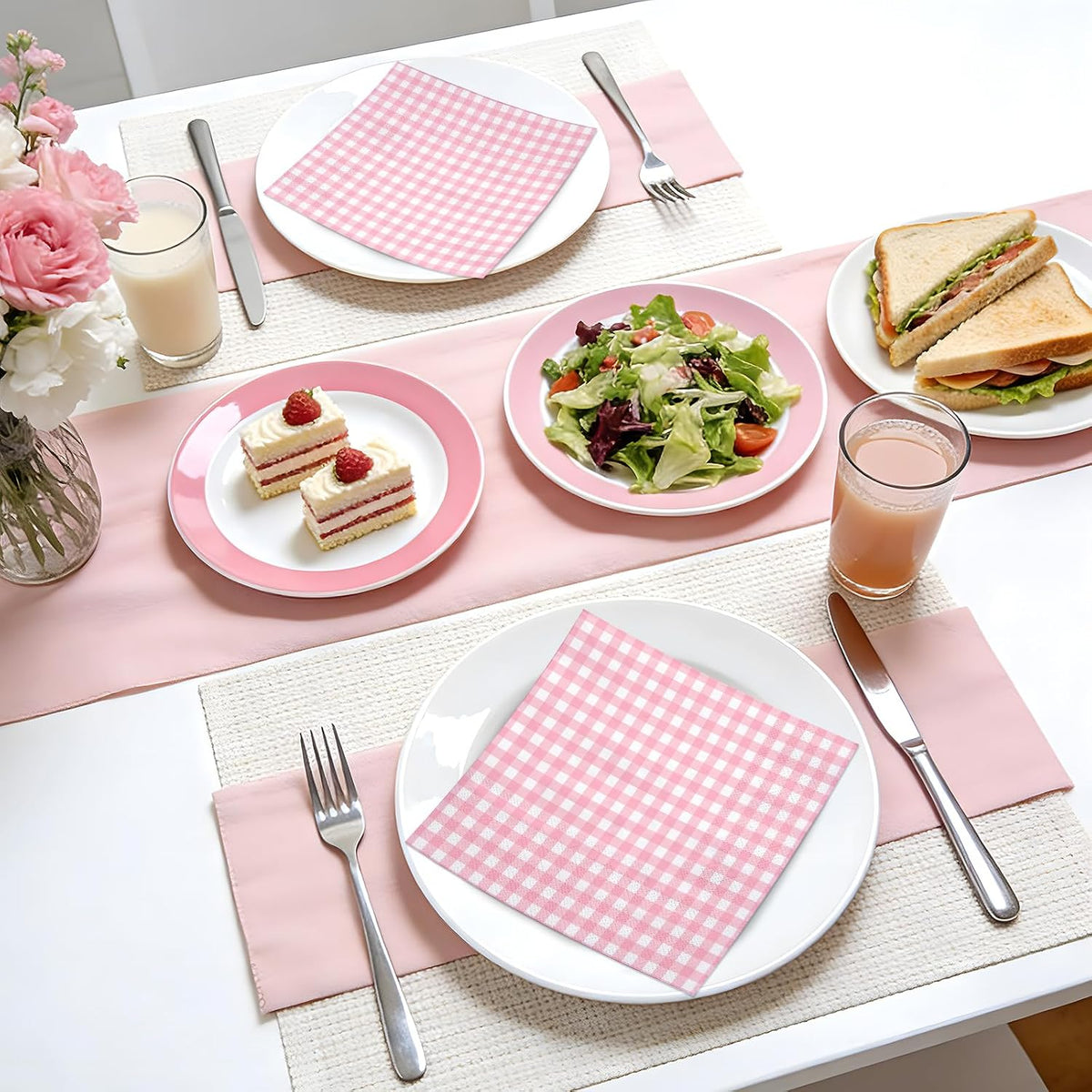 25Pcs Pink Plaid Paper Napkins - 2-Ply Pink and White Gingham Disposable Luncheon Napkins for Easter, Birthday, Baby Girl Shower and Daily Use - 6.5 x 6.5 In