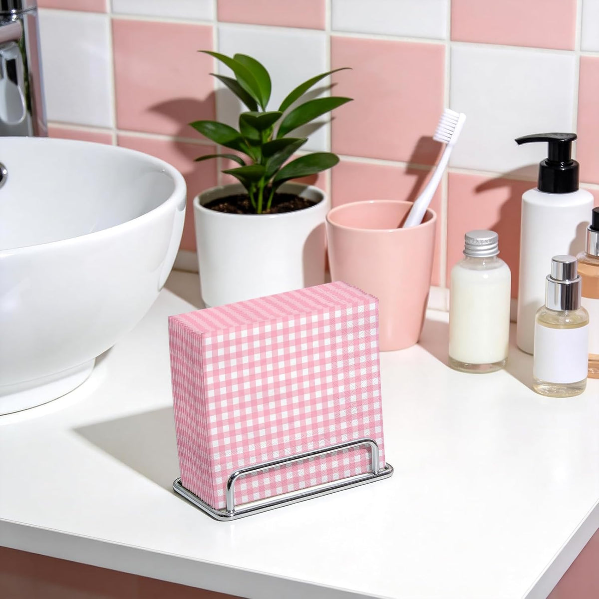 25Pcs Pink Plaid Paper Napkins - 2-Ply Pink and White Gingham Disposable Luncheon Napkins for Easter, Birthday, Baby Girl Shower and Daily Use - 6.5 x 6.5 In