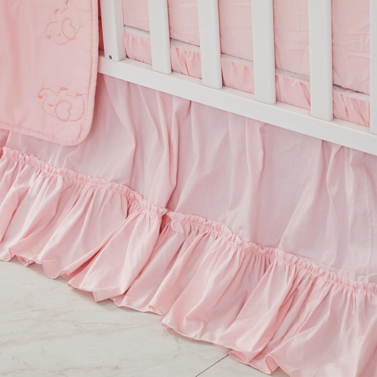 Crib Bed Skirt for Baby Girls Boys Blush Pink Boho Bohemian Solid Cotton Toddler Bedskirt Farmhouse Chic Ruffle
