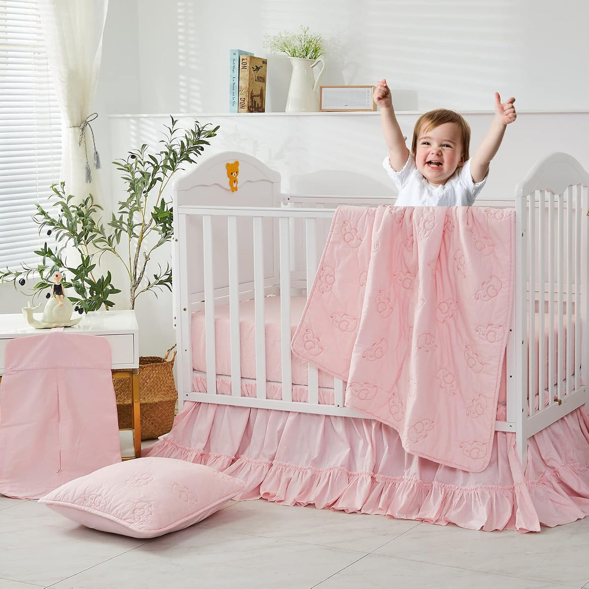 Crib Bed Skirt for Baby Girls Boys Blush Pink Boho Bohemian Solid Cotton Toddler Bedskirt Farmhouse Chic Ruffle