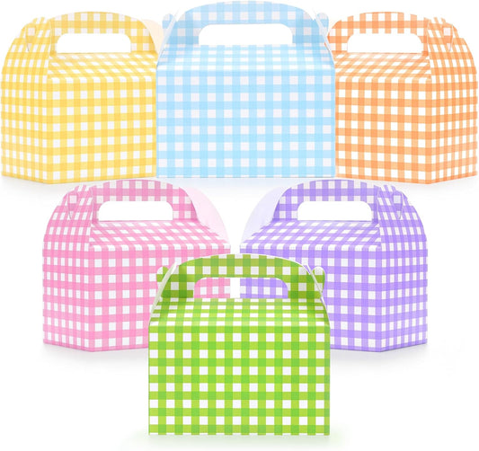 Lerheedi 24 Pcs Gingham Gift Gable Boxes, Pastel Plaid Party Favor Candy Treat Box, Colorful Goodie Bag for Birthday Back to School Wedding Spring Summer Easter Party, 6 x 3.7 x 3.7 Inch