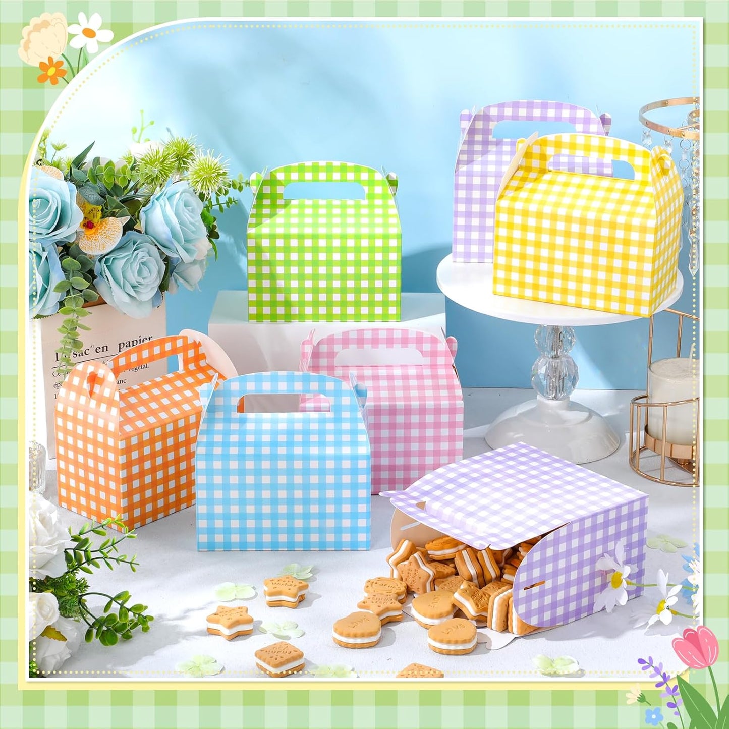 Lerheedi 24 Pcs Gingham Gift Gable Boxes, Pastel Plaid Party Favor Candy Treat Box, Colorful Goodie Bag for Birthday Back to School Wedding Spring Summer Easter Party, 6 x 3.7 x 3.7 Inch