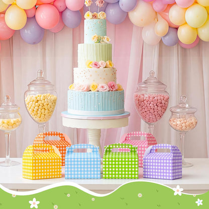 Lerheedi 24 Pcs Gingham Gift Gable Boxes, Pastel Plaid Party Favor Candy Treat Box, Colorful Goodie Bag for Birthday Back to School Wedding Spring Summer Easter Party, 6 x 3.7 x 3.7 Inch