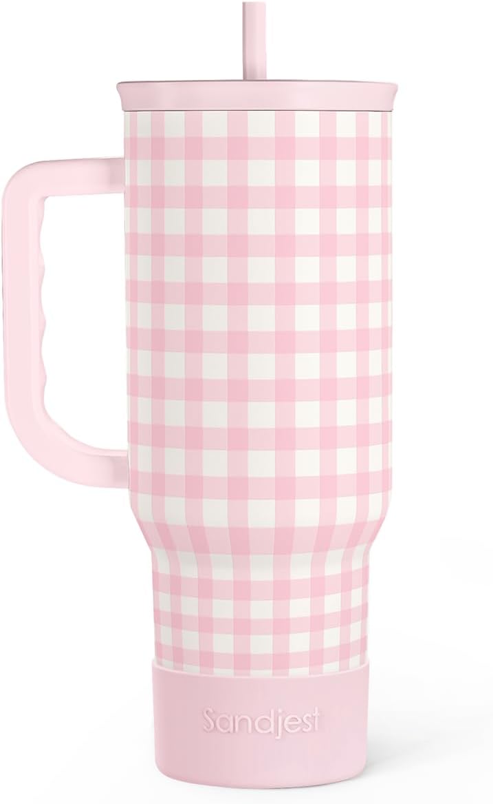 Pink Gingham 40oz Slider Tumbler with Handle and Straw - Insulated Stainless Steel Travel Coffee Mug for Women Girls, Gift for Birthday, Christmas