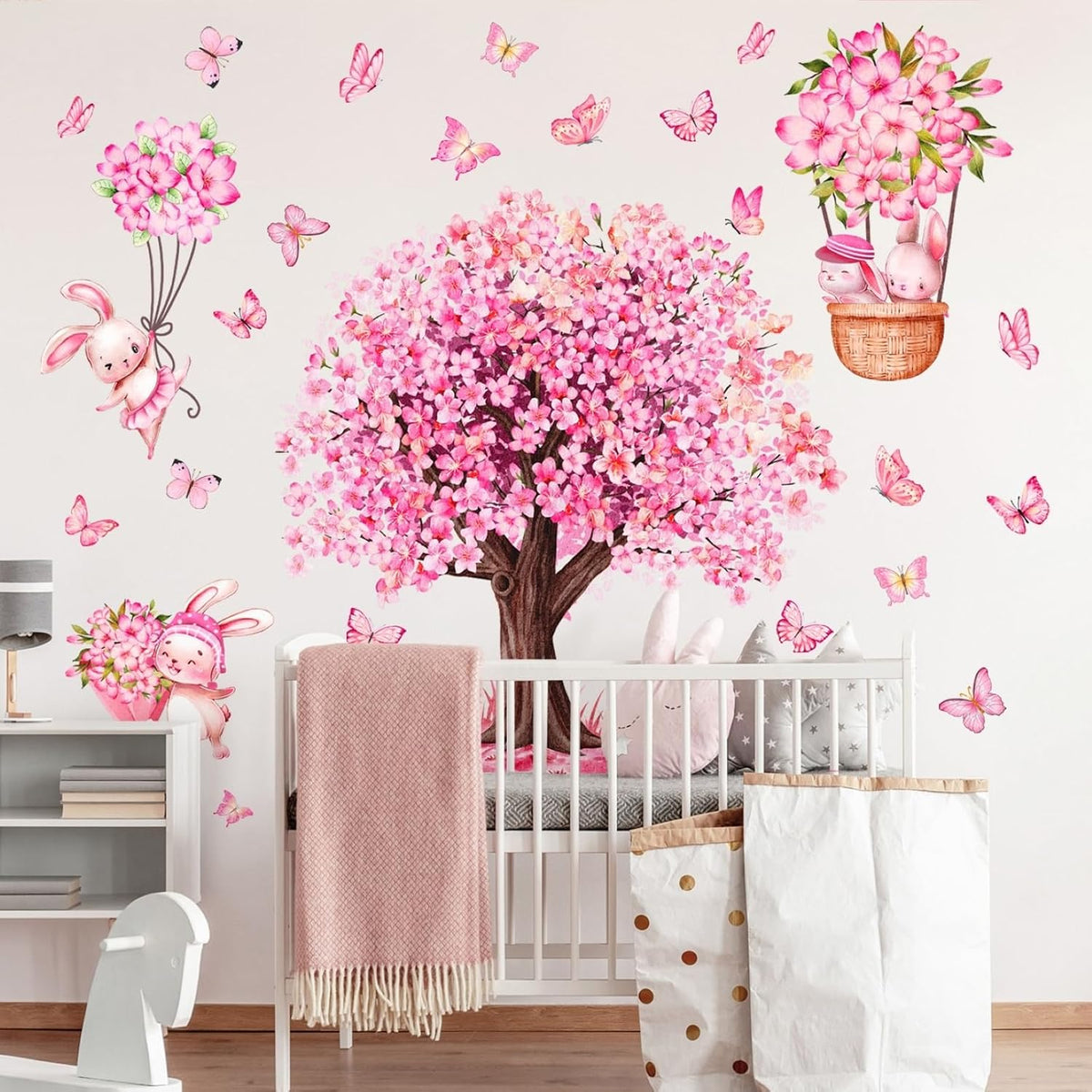 Large Pink Flower Tree & Rabbit Wall Decals Art Decor