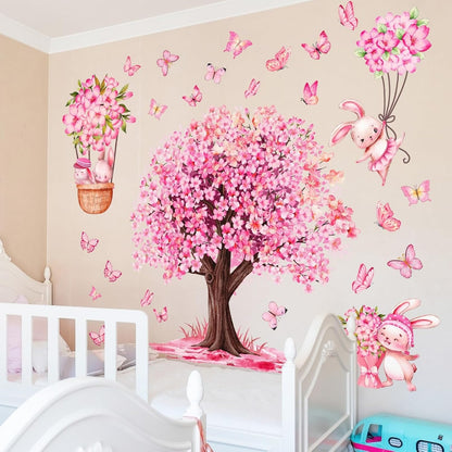 Large Pink Flower Tree & Rabbit Wall Decals Art Decor