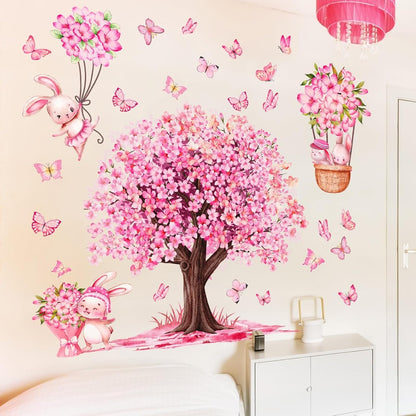 Large Pink Flower Tree & Rabbit Wall Decals Art Decor