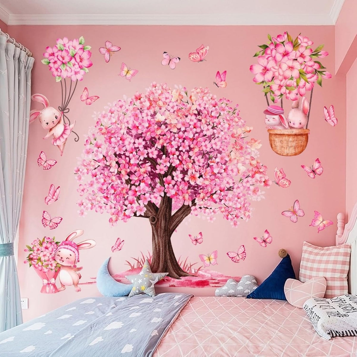 Large Pink Flower Tree & Rabbit Wall Decals Art Decor
